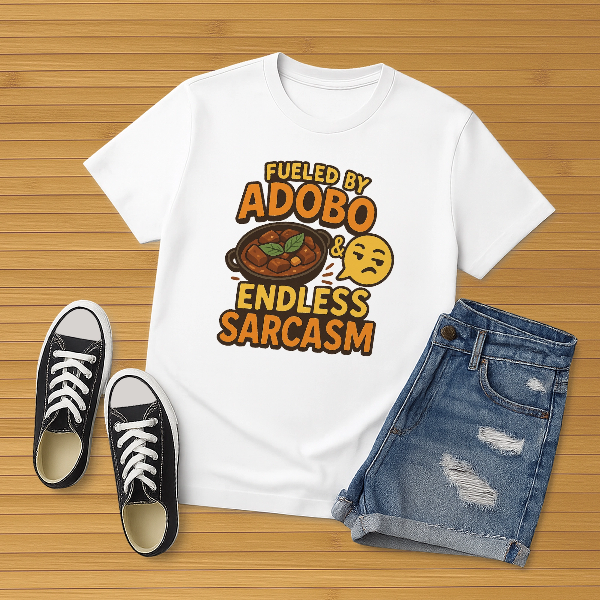 Pinoy Daily - Tshirt Mockup - Front - Laying Down - Fueled by adobo - Etsy Design 1