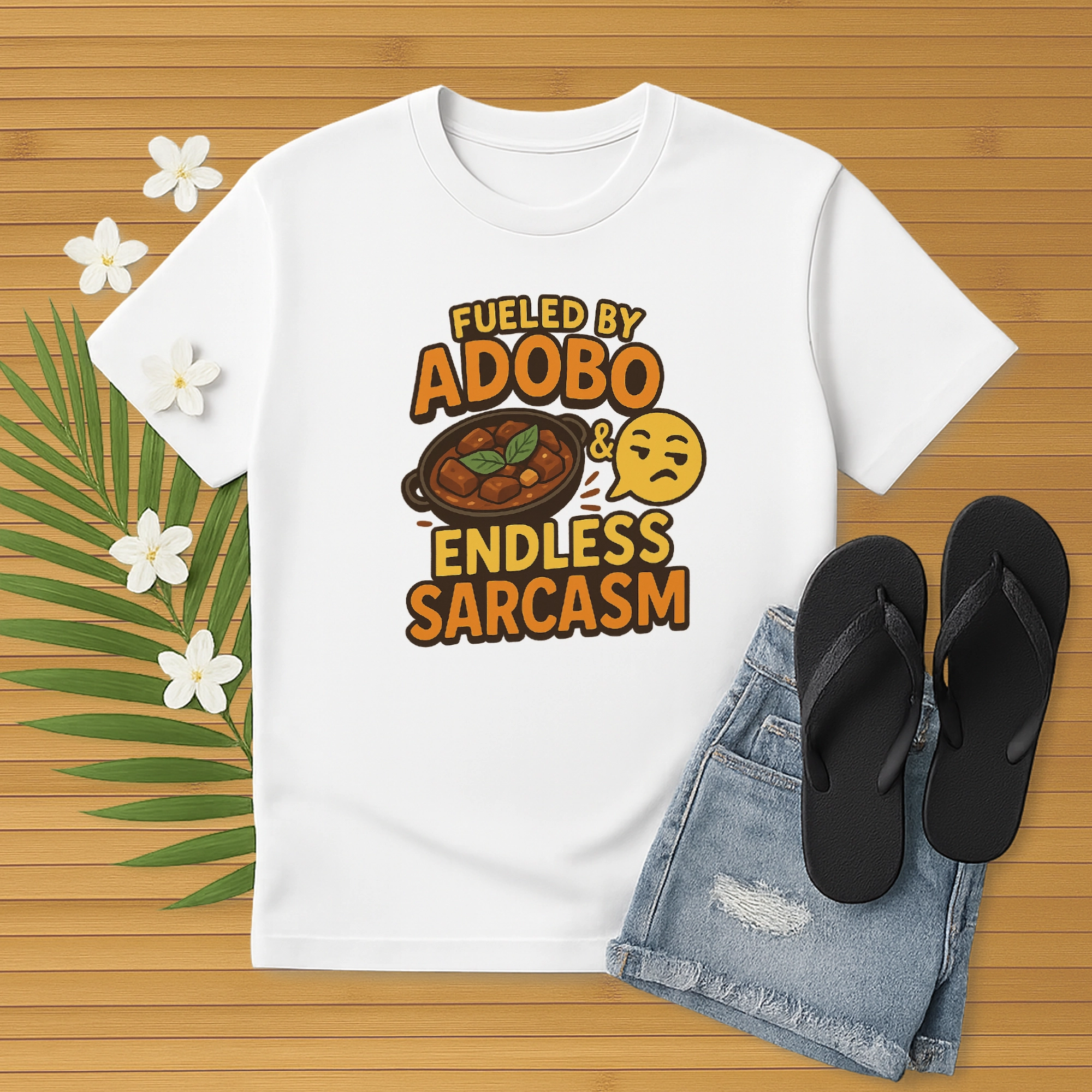 Pinoy Daily - Tshirt Mockup - Front - Laying Down - Fueled by adobo - Etsy Design 2