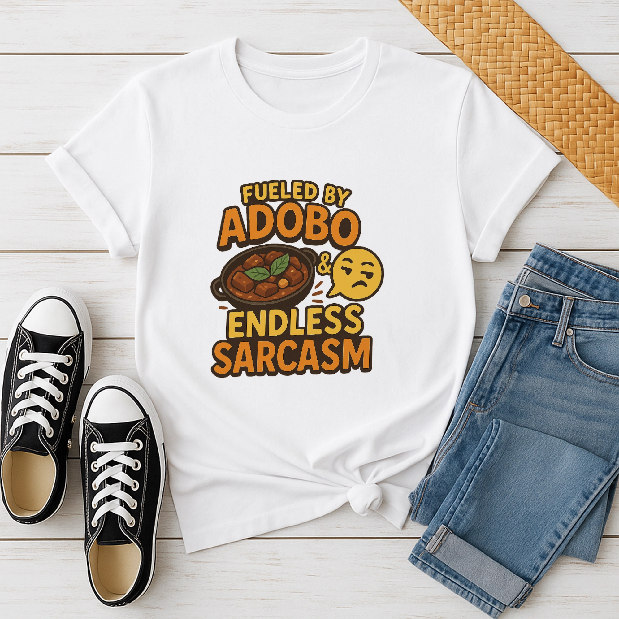 Pinoy Daily - Tshirt Mockup - Front - Laying Down - Fueled by adobo - Etsy Design 3