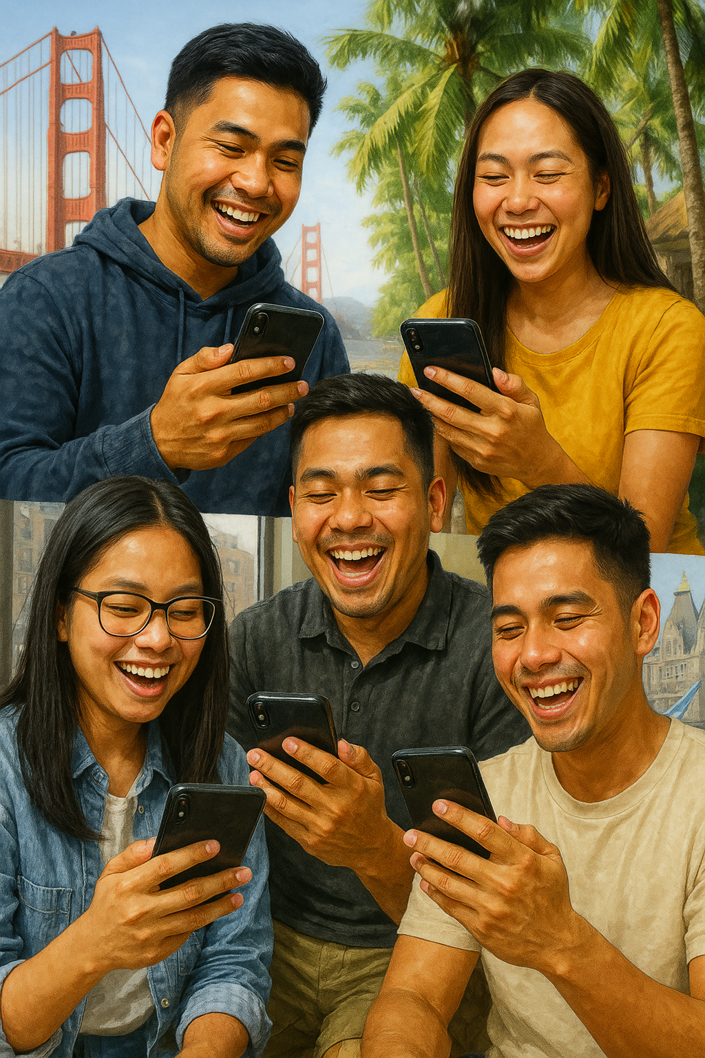 Filipino friends abroad laughing together while watching Filipino viral content, reels & merch on their phones. Background shows both tropical scenery and Western landmarks.